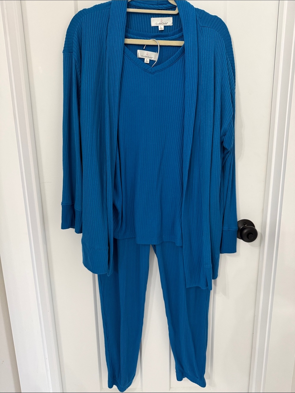 Cuddl Duds Teal Ribbed Lounge Set with Cardigan & Joggers